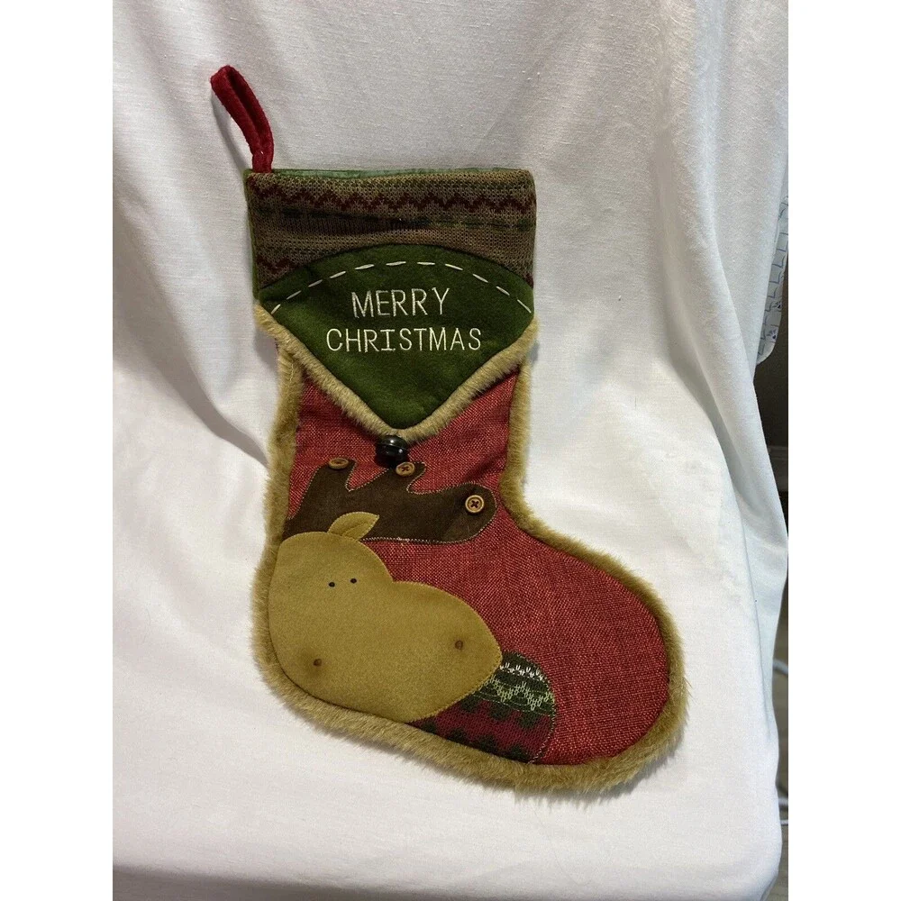 Stocking Christmas Moose with Faux Fur Trim Xmas Decor Candy Bag Sock